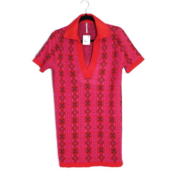 FREE PEOPLE NWT Kitt Mini Sweater Dress Red Printed Short Sleeve Women's XS - Picture 2 of 11
